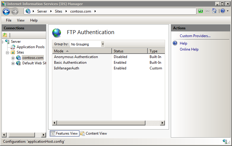 By default, IIS 7 is not installed on Windows Server® 2008. You can install IIS by  using the Add Roles wizard in Server Manager or by using the command line.. ; IIS-LegacySnapIn;IIS-FTPPublishingService;IIS-FTPServer;IIS-FTPManagement.